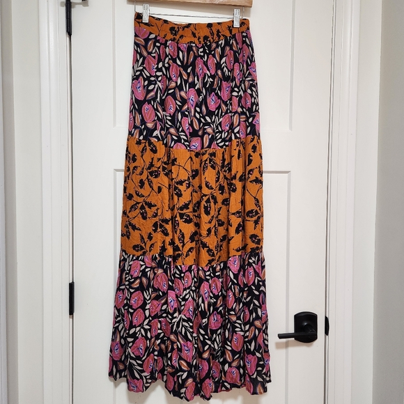 Daniel Rainn Maxi Skirt, Small, Black, Pink, Orange, Floral, Leaf Print, Boho - Picture 4 of 8